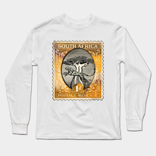 African Cheetah Baobab Stamp Long Sleeve T-Shirt by Marike Korting Art